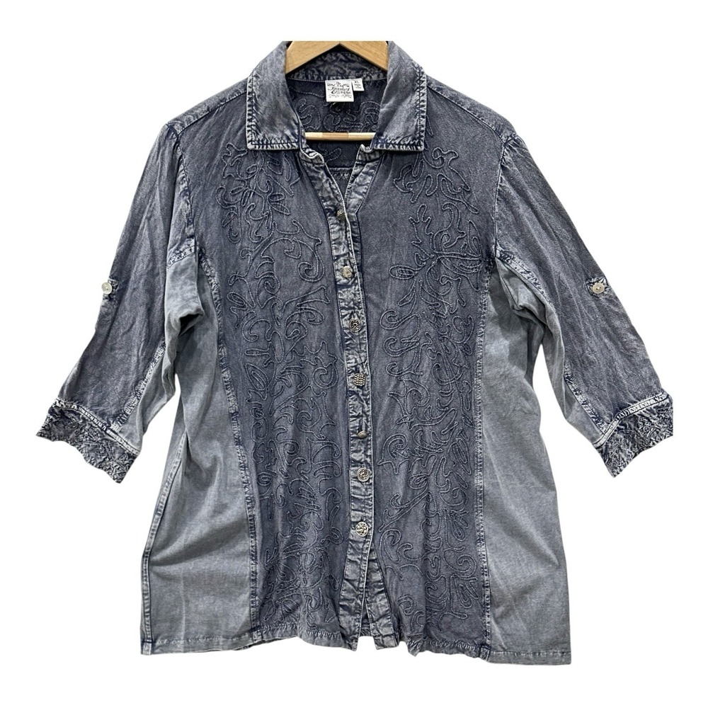 Parsley & Sage Mineral Wash Metal Button Up Tunic XL Mini Embroidered Blue